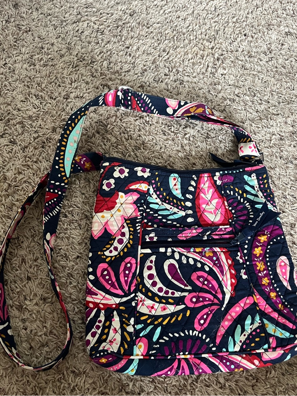 Vera Bradley Quilted Navy Crossbody Bag with Pink and Teal Paisley Print